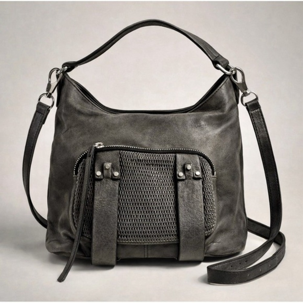 She + Lo Next Chapter Leather Hobo Crossbody Bag Gray Perforated‎ Pocket